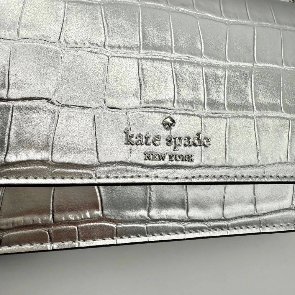 Kate Spade Madison Croc Embossed Willow Mini Flap Crossbody Silver